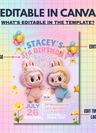 Editable Labubu Birthday Invitation – Canva Template | Instant Download