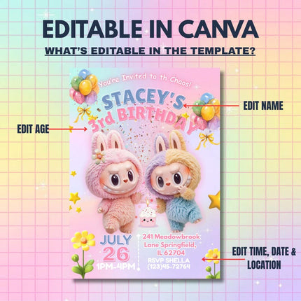 Editable Labubu Birthday Invitation – Canva Template | Instant Download