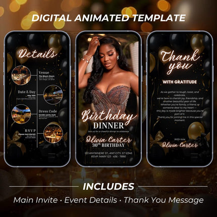 Elegant Lux Gold Birthday Dinner Invitation – Editable Canva Template