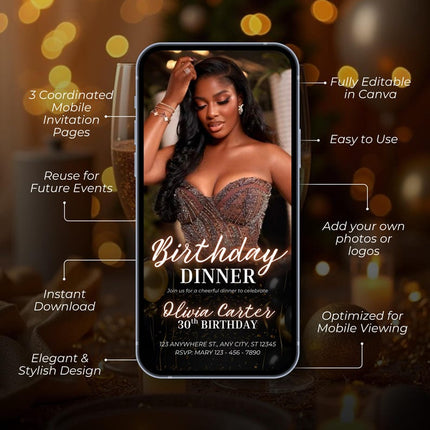 Elegant Lux Gold Birthday Dinner Invitation – Editable Canva Template