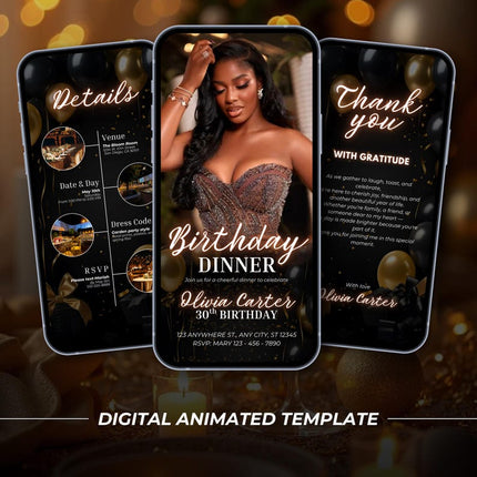 Elegant Lux Gold Birthday Dinner Invitation – Editable Canva Template