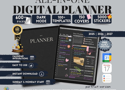 Dark Mode All In One Digital Planner Portrait 2025 2026 2027 Digital Journal, Digital Goodnotes Template, Weekly, Daily Planner