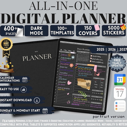 Dark Mode All In One Digital Planner Portrait 2025 2026 2027 Digital Journal, Digital Goodnotes Template, Weekly, Daily Planner - Crafty Temps