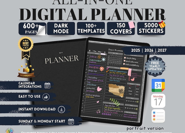 Dark Mode All In One Digital Planner Portrait 2025 2026 2027 Digital Journal, Digital Goodnotes Template, Weekly, Daily Planner