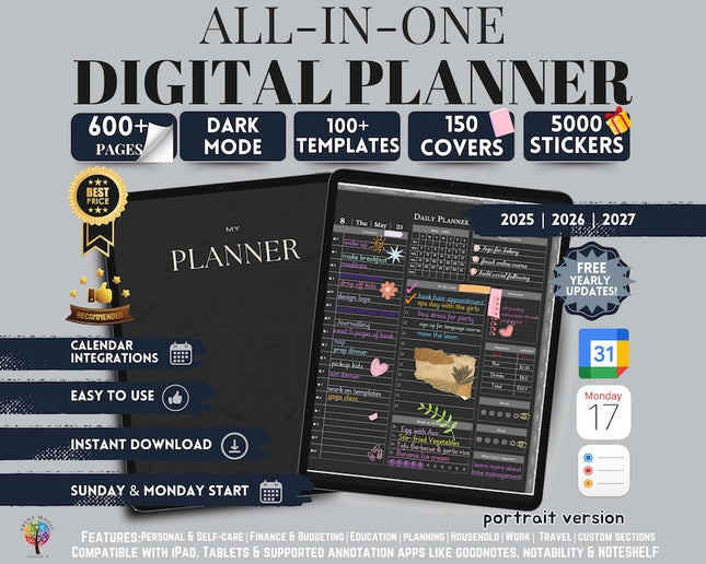 Dark Mode All In One Digital Planner Portrait 2025 2026 2027 Digital Journal, Digital Goodnotes Template, Weekly, Daily Planner