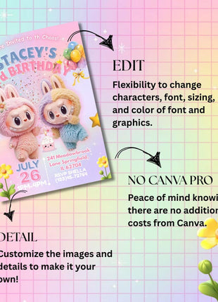 Editable Labubu Birthday Invitation – Canva Template | Instant Download