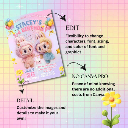 Editable Labubu Birthday Invitation – Canva Template | Instant Download