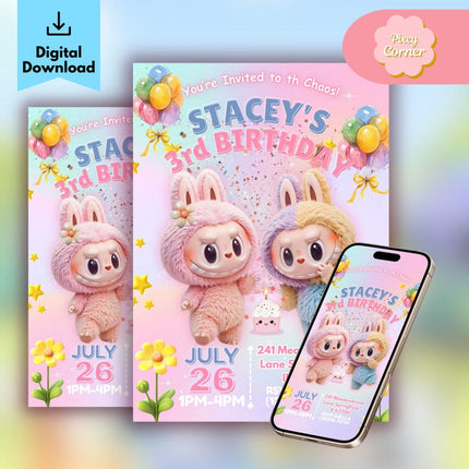 Editable Labubu Birthday Invitation – Canva Template | Instant Download
