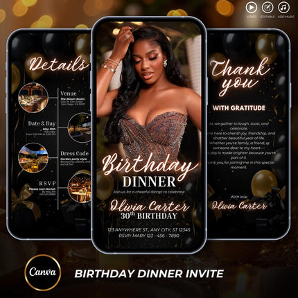 Elegant Lux Gold Birthday Dinner Invitation – Editable Canva Template