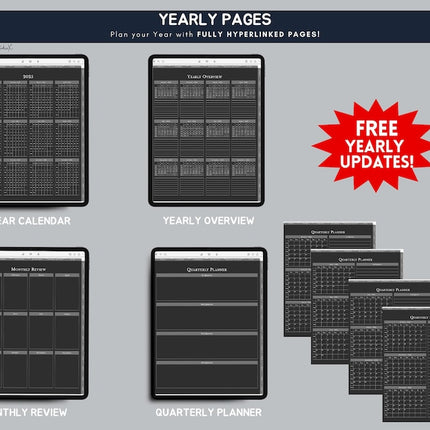 Dark Mode All In One Digital Planner Portrait 2025 2026 2027 Digital Journal, Digital Goodnotes Template, Weekly, Daily Planner - Crafty Temps