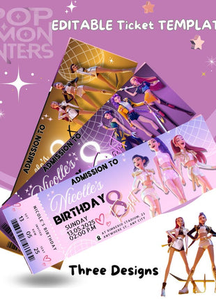 K-Pop Demon Hunter Birthday Invitation | 3 Editable Ticket Designs