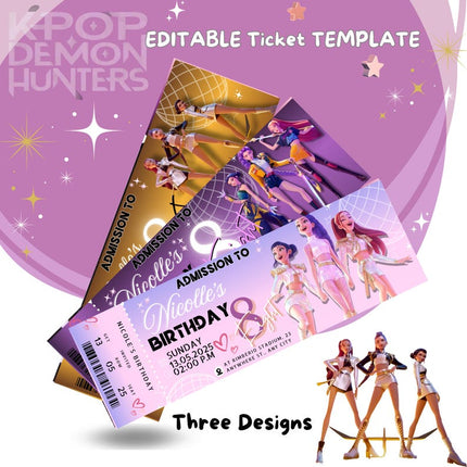K-Pop Demon Hunter Birthday Invitation | 3 Editable Ticket Designs