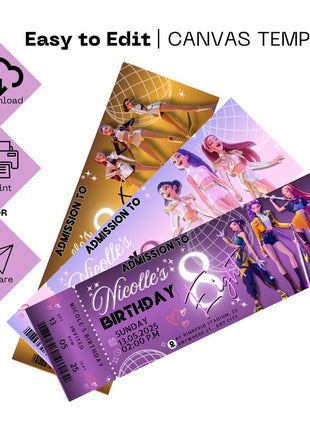 K-Pop Demon Hunter Birthday Invitation | 3 Editable Ticket Designs