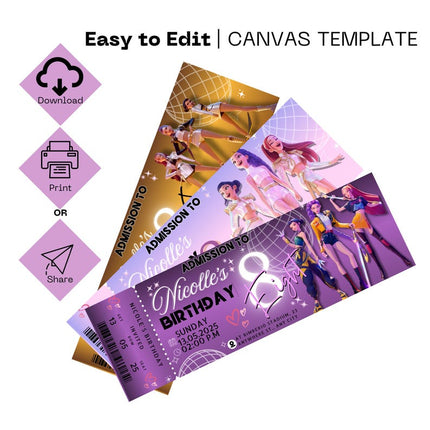 K-Pop Demon Hunter Birthday Invitation | 3 Editable Ticket Designs