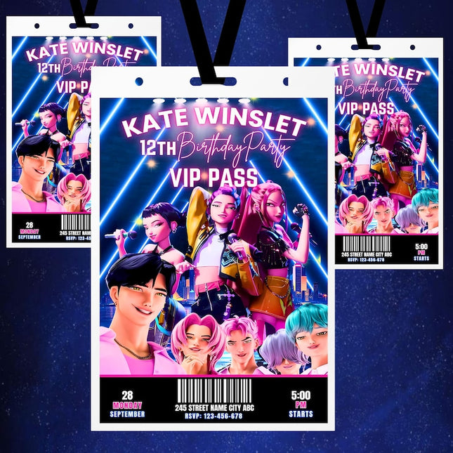 Kpop Demon Hunters Birthday Bundle | Concert Style Party Pass | VIP Pass Digital Templates | 3 Editable Ticket Designs | Digital Download