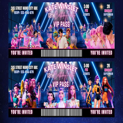 Kpop Demon Hunters Birthday Bundle | Concert Style Party Pass | VIP Pass Digital Templates | 3 Editable Ticket Designs | Digital Download
