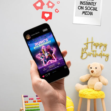 Editable KPop Demon Hunter Birthday Invitation Template, Huntrix Birthday Digital Invites, Custom K-pop Theme Birthday Card, Canva Template