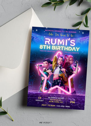 Editable KPop Demon Hunter Birthday Invitation Template, Huntrix Birthday Digital Invites, Custom K-pop Theme Birthday Card, Canva Template