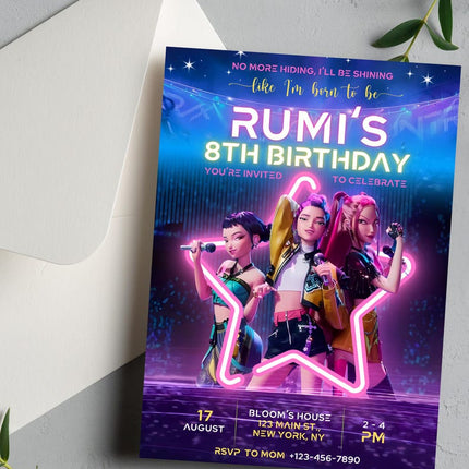 Editable KPop Demon Hunter Birthday Invitation Template, Huntrix Birthday Digital Invites, Custom K-pop Theme Birthday Card, Canva Template