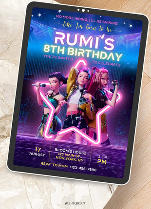 Editable KPop Demon Hunter Birthday Invitation Template, Huntrix Birthday Digital Invites, Custom K-pop Theme Birthday Card, Canva Template