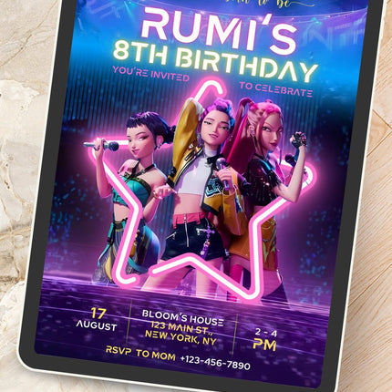 Editable KPop Demon Hunter Birthday Invitation Template, Huntrix Birthday Digital Invites, Custom K-pop Theme Birthday Card, Canva Template