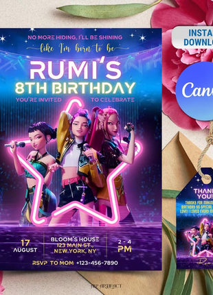 Editable KPop Demon Hunter Birthday Invitation Template, Huntrix Birthday Digital Invites, Custom K-pop Theme Birthday Card, Canva Template