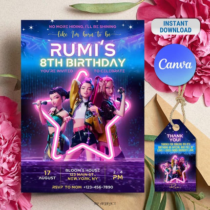 Editable KPop Demon Hunter Birthday Invitation Template, Huntrix Birthday Digital Invites, Custom K-pop Theme Birthday Card, Canva Template