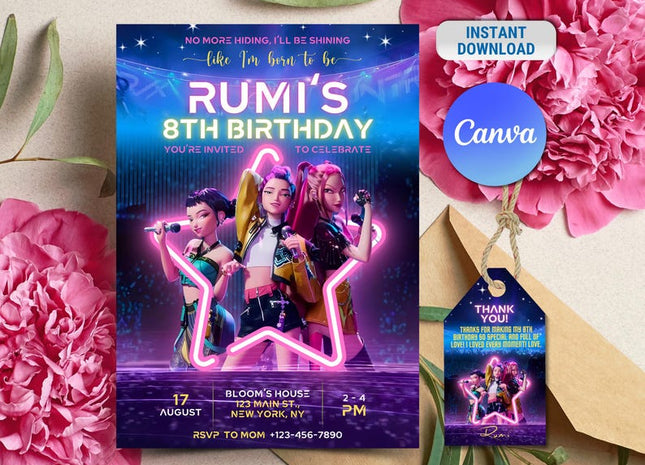 Editable KPop Demon Hunter Birthday Invitation Template, Huntrix Birthday Digital Invites, Custom K-pop Theme Birthday Card, Canva Template