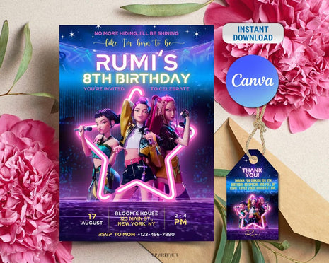 Editable KPop Demon Hunter Birthday Invitation Template, Huntrix Birthday Digital Invites, Custom K-pop Theme Birthday Card, Canva Template