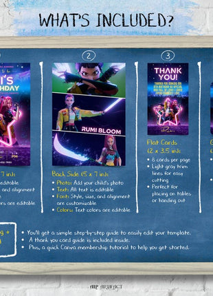 Editable KPop Demon Hunter Birthday Invitation Template, Huntrix Birthday Digital Invites, Custom K-pop Theme Birthday Card, Canva Template