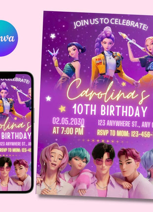 KPop Demon Hunter Birthday Invitation | Editable Canva Template | Kpop Anime Invite | Digital Download | Printable Birthday Card for Kids