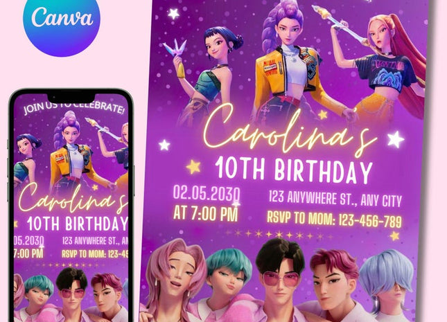 KPop Demon Hunter Birthday Invitation | Editable Canva Template | Kpop Anime Invite | Digital Download | Printable Birthday Card for Kids