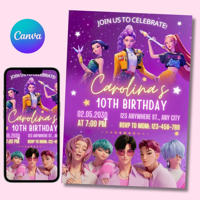 KPop Demon Hunter Birthday Invitation | Editable Canva Template | Kpop Anime Invite | Digital Download | Printable Birthday Card for Kids
