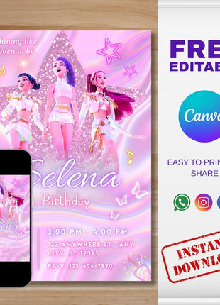 KPop Demon Hunter Birthday Invitation, Kpop Anime Invite, Printable Birthday Card for Kids