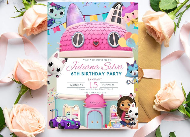 Gabby’s Dollhouse Birthday Invitation • Editable Canva Template • Printable 5x7 Kids Party Invite • Instant Download 🐱🎉