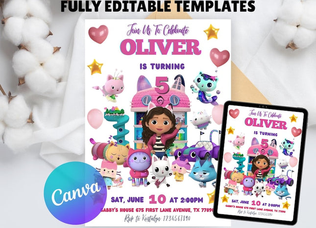 Gabby’s Dollhouse Birthday Invitation Editable | Kids Girl Birthday Canva Template | Pandy Printable 5x7 Digital Download
