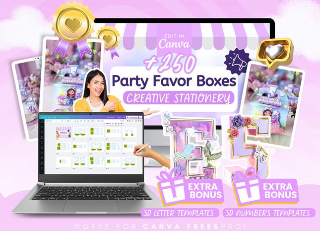 250+ Editable Party Favor Box Templates Bundle: 3D Letters & Numbers (Canva Digital Download)