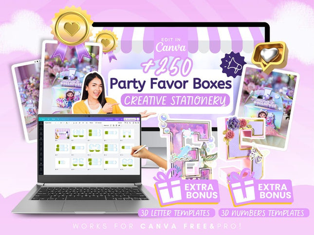 250+ Editable Party Favor Box Templates Bundle: 3D Letters & Numbers (Canva Digital Download)