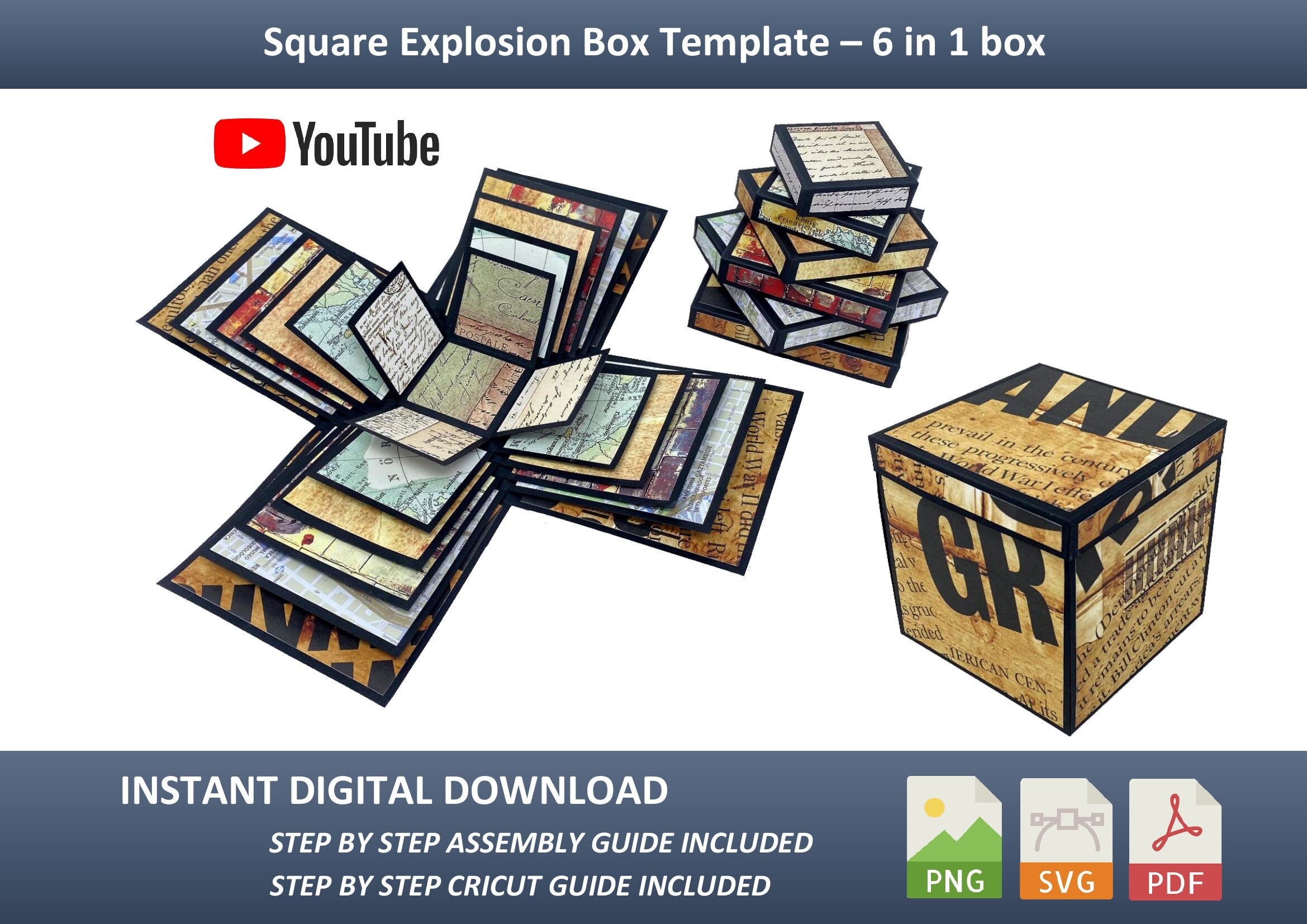 Square Explosion Box SVG Template PDF PNG for Cricut Silhouette ...