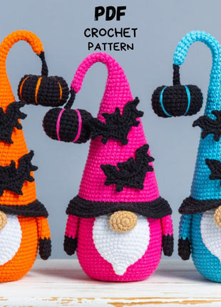 Crochet patterns Halloween gnome bundle with bat and pumpkin, Halloween crochet gnome pattern, Crochet pumpkin pattern, Crochet bat pattern