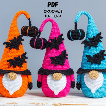 Crochet patterns Halloween gnome bundle with bat and pumpkin, Halloween crochet gnome pattern, Crochet pumpkin pattern, Crochet bat pattern