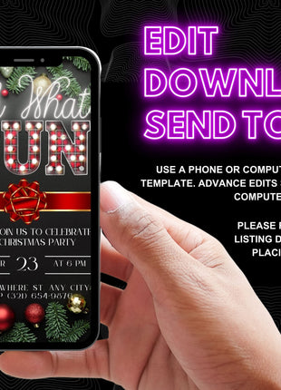 Red Bow Neon Christmas Invitation Template — Editable Canva Evite