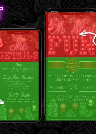 Red Bow Neon Christmas Invitation Template — Editable Canva Evite
