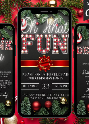 Red Bow Neon Christmas Invitation Template — Editable Canva Evite