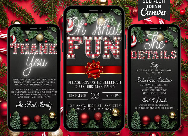 Red Bow Neon Christmas Invitation Template — Editable Canva Evite