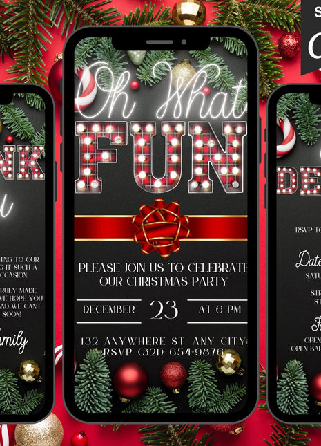 Red Bow Neon Christmas Invitation Template — Editable Canva Evite
