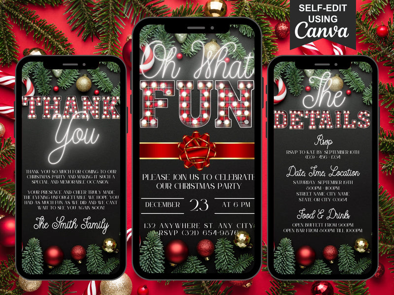 Red Bow Neon Christmas Invitation Template — Editable Canva Evite