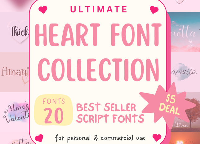 Heart Script Font Bundle – 20 Cursive TTF/OTF Fonts with Hearts