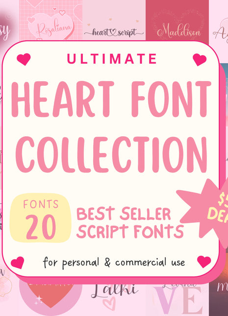 Heart Script Font Bundle – 20 Cursive TTF/OTF Fonts with Hearts