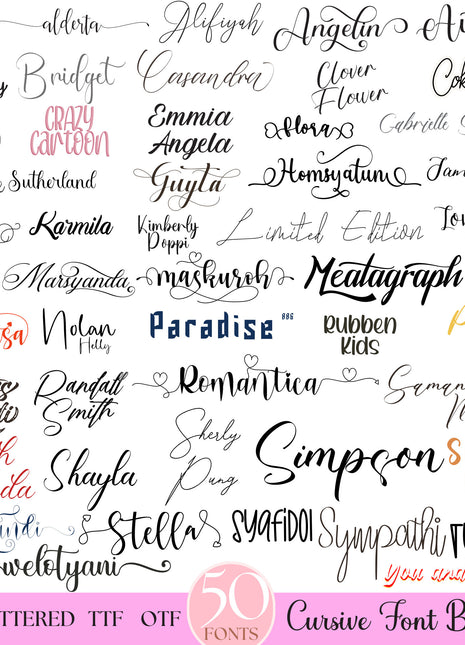 Ultimate 50 Handwritten Script Fonts Bundle for Cricut Canva Pro